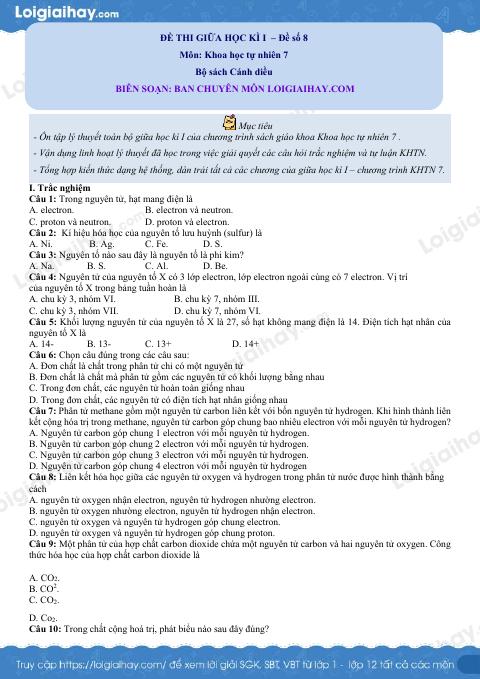 Đề thi giữa kì 1 KHTN 7 Cánh diều - Đề số 8